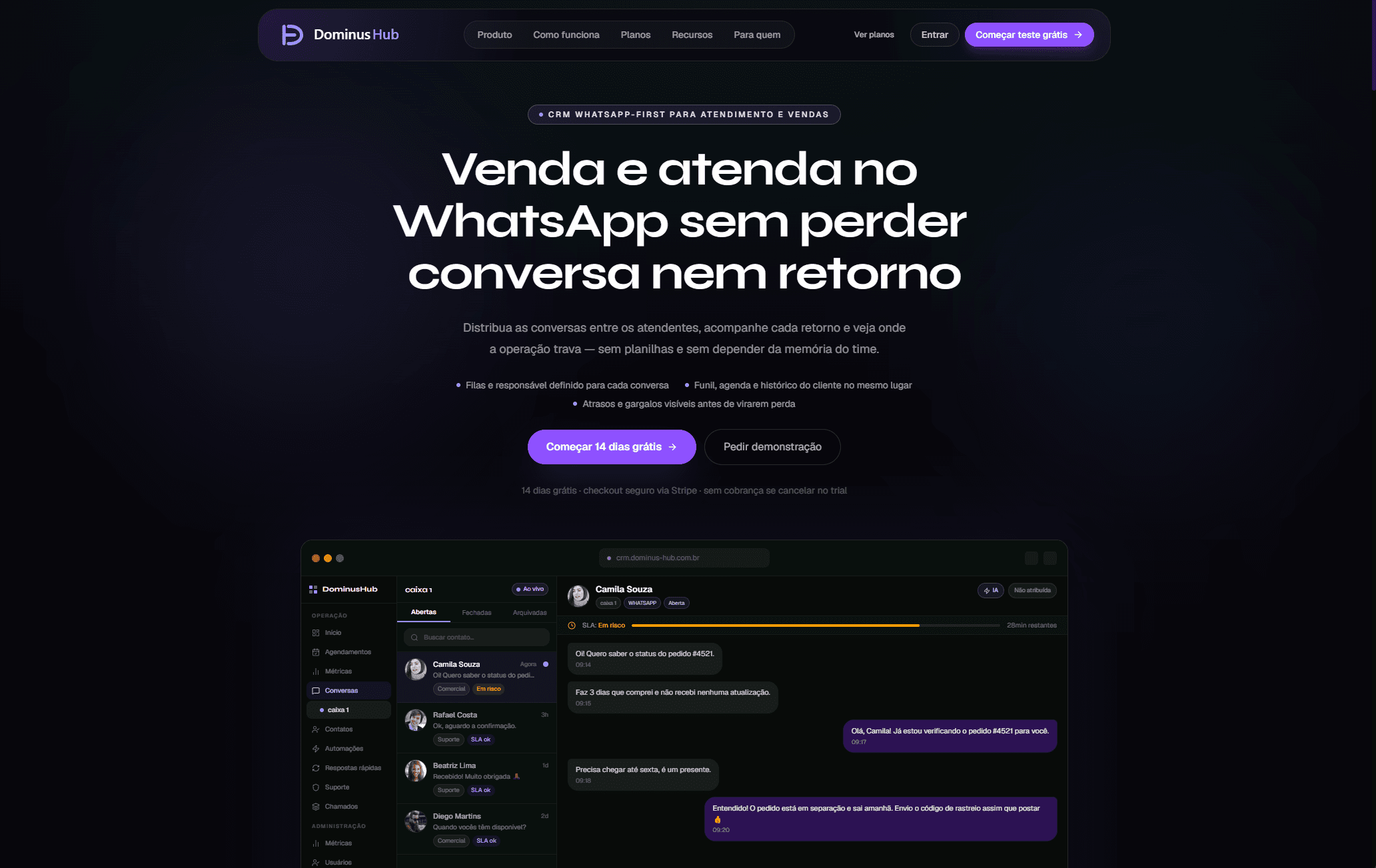 Atendimento e vendas no WhatsApp com filas, funil e histórico do cliente num lugar só.